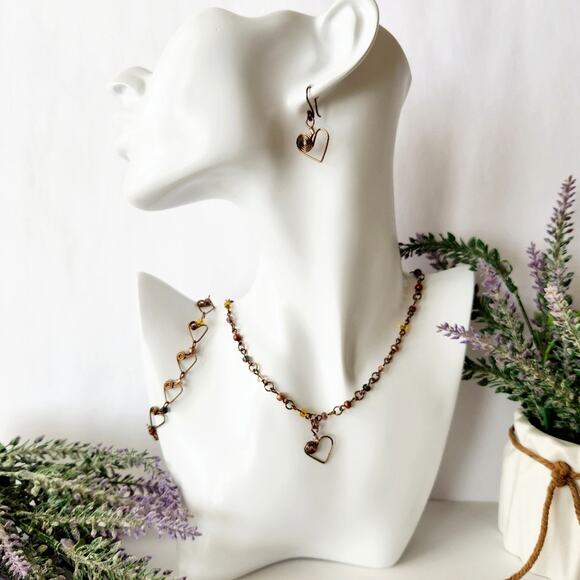 Antique Brass Wire Heart Pendant Beaded Chain Link Necklace - Picture 10 of 10